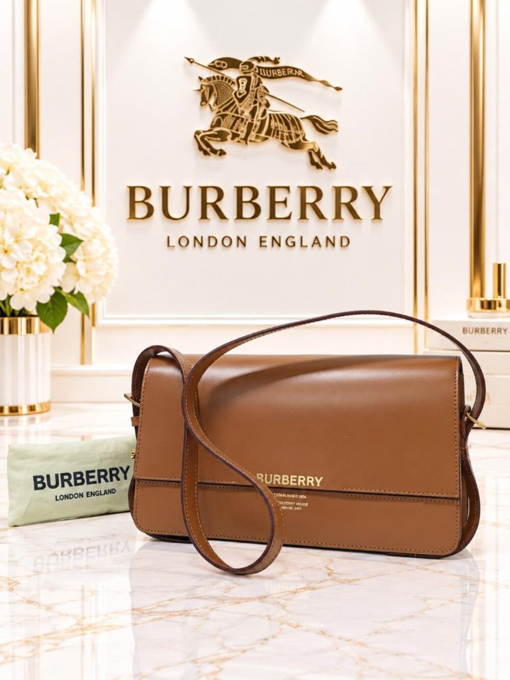 Authentic Burberry Brown Leather Shoulder Bag Logo Flap Dust Bag Luxury